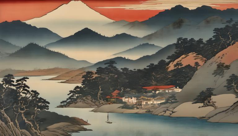 Ukiyo-E,Ukiyo-E, Nature, landscape, scenery, mountain, no humans, tree, outdoors, landscape, sky, nature