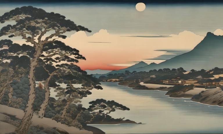 Ukiyo-E,Ukiyo-E, Nature, landscape, no humans, scenery, tree, sky, cloud, mountain, outdoors, river, sun