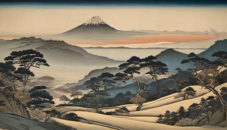 Ukiyo-E,Ukiyo-E, Nature, landscape, no humans, tree, scenery, mountain, outdoors, sky, snow, landscape