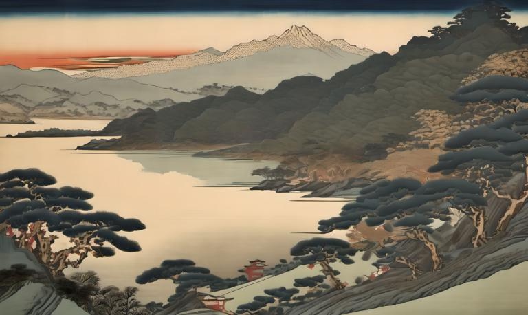 Ukiyo-E,Ukiyo-E, Natur, landskap, natur, tre, ingen mennesker, fjell, landskap, solnedgang, utendørs, himmel