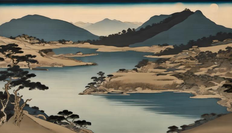 Ukiyo-E,Ukiyo-E, Nature, landscape, no humans, tree, scenery, mountain, outdoors, lake, water, river