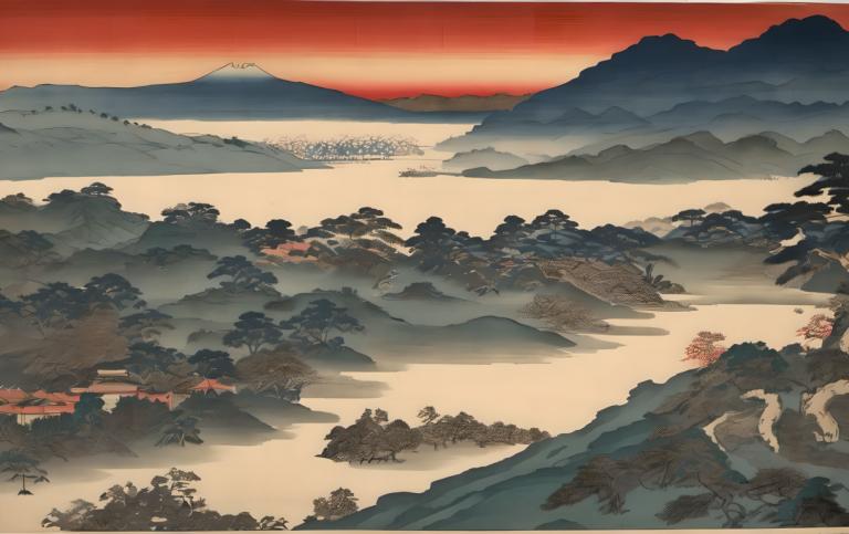 Ukiyo-E,Ukiyo-E, Nature, landscape, no humans, scenery, mountain, outdoors, landscape, tree, sky, sunset