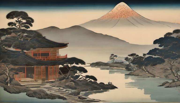 Ukiyo-E,Ukiyo-E, Natura, paesaggio, nessun essere umano, scenario, montagna, albero, all'aperto, nevicare