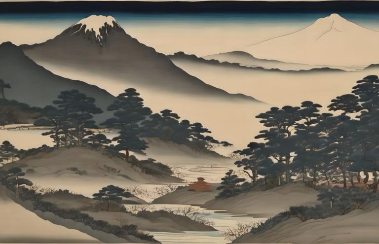 Ukiyo-E,Ukiyo-E, Nature, landscape, scenery, no humans, tree, mountain, outdoors, landscape, nature, forest