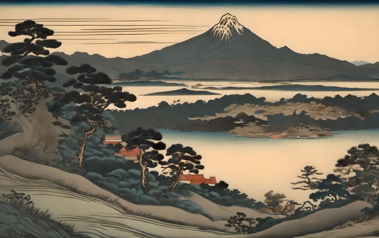 Ukiyo-E,Ukiyo-E, Nature, landscape, no humans, scenery, mountain, tree, outdoors, nature, landscape, border