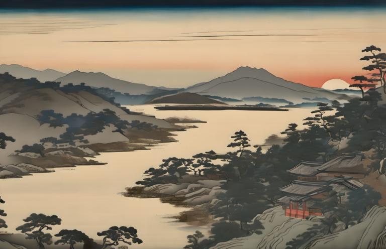 Ukiyo-E,Ukiyo-E, Nature, landscape, no humans, scenery, mountain, outdoors, sunset, tree, sky, sun, landscape