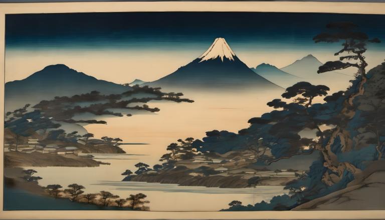 Ukiyo-E,Ukiyo-E, Nature, landscape, mountain, no humans, scenery, tree, outdoors, border, sky, landscape