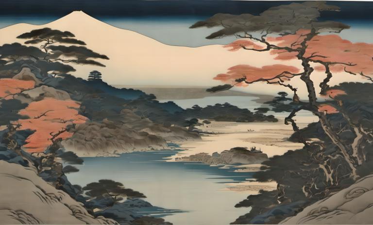 Ukiyo-E,Ukiyo-E, Natur, Landschaft, Baum, Landschaft, keine Menschen, draußen, Berg, Himmel, kahler Baum