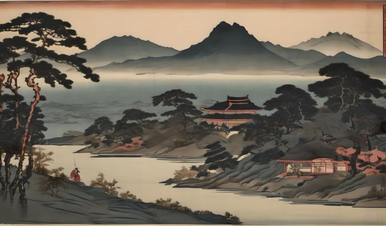 Ukiyo-E,Ukiyo-E, Nature, landscape, scenery, tree, outdoors, mountain, east asian architecture, architecture