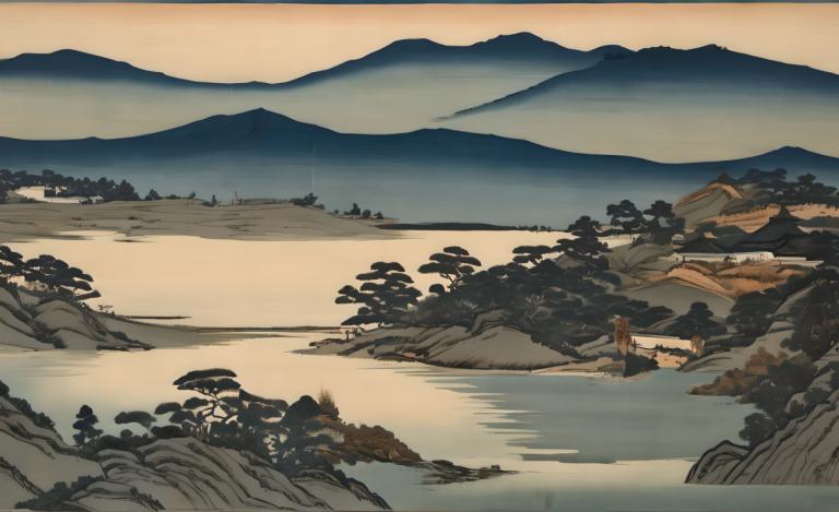 Ukiyo-E,Ukiyo-E, Nature, landscape, no humans, scenery, outdoors, mountain, tree, river, lake, landscape