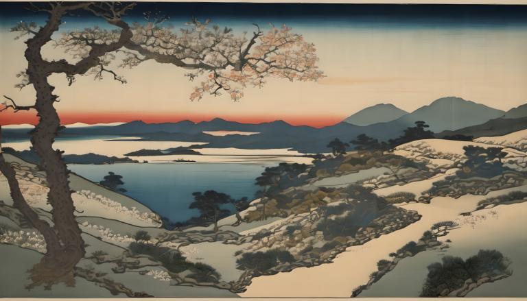 Ukiyo-E,Ukiyo-E, Nature, landscape, no humans, scenery, tree, outdoors, sky, mountain, sunset, lake, water