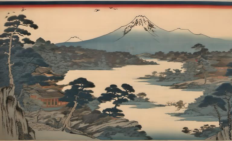 Ukiyo-E,Ukiyo-E, Φύση, τοπίο, βουνό, όχι ανθρώπους, τοπίο, δέντρο, σε εξωτερικό χώρο, πουλί, σύνορο, ουρανός