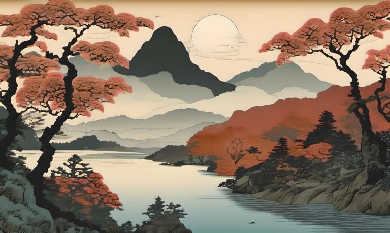 Ukiyo-E,Ukiyo-E, Natur, Landschaft, keine Menschen, Landschaft, Baum, Berg, draußen, See, Natur, Landschaft