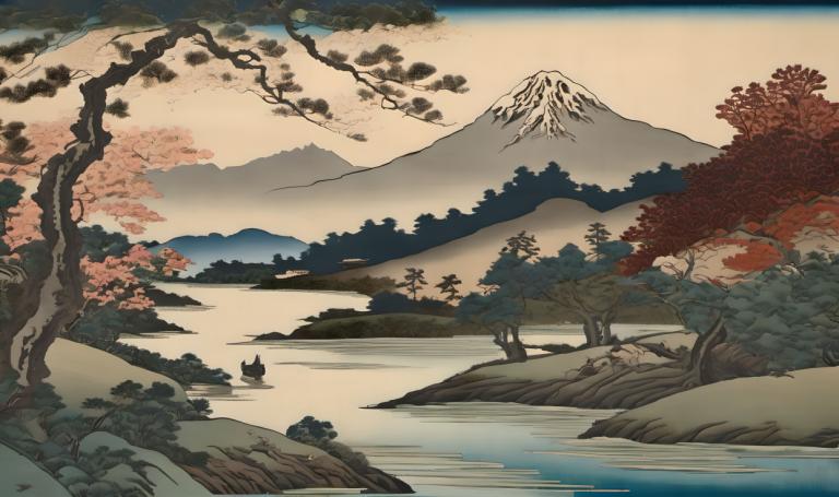 Ukiyo-E,Ukiyo-E, Nature, landscape, tree, scenery, mountain, outdoors, lake, landscape, no humans, river