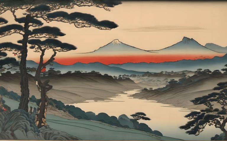 Ukiyo-E,Ukiyo-E, Nature, landscape, tree, mountain, scenery, outdoors, no humans, sky, landscape, border