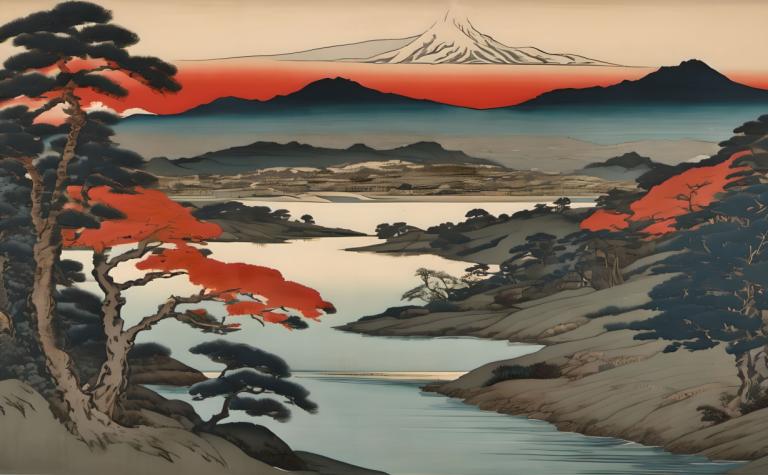 Ukiyo-E,Ukiyo-E, Natur, Landschaft, keine Menschen, Landschaft, Baum, Berg, draußen, See, Landschaft, Wasser