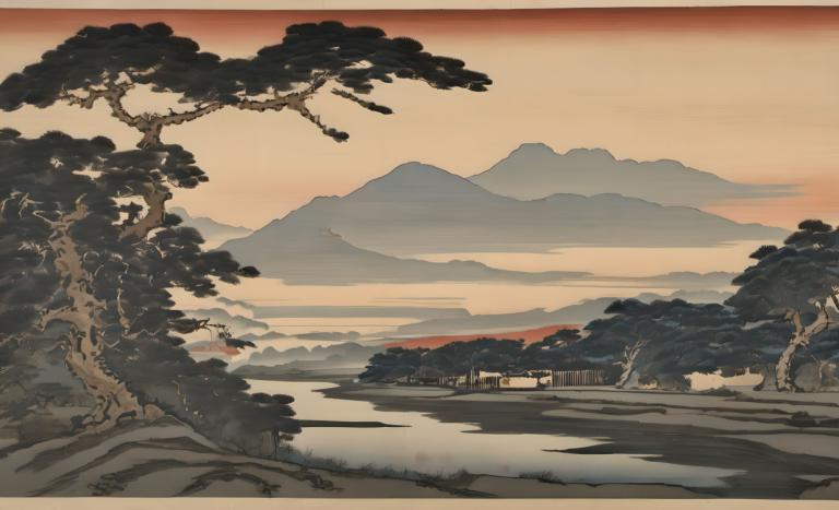 Ukiyo-E,Ukiyo-E, Nature, landscape, no humans, scenery, tree, outdoors, mountain, sky, sunset, river, cloud