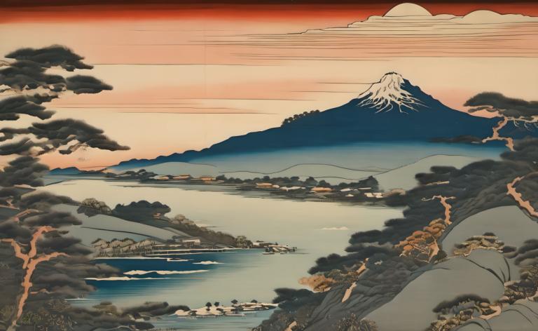 Ukiyo-E,Ukiyo-E, Natur, Landschaft, keine Menschen, Landschaft, Berg, draußen, Sonnenuntergang, Himmel, Wolke