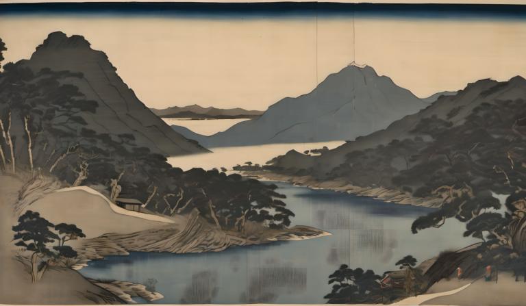 Ukiyo-E,Ukiyo-E, Natura, paesaggio, nessun essere umano, albero, scenario, montagna, all'aperto, fiume, acqua