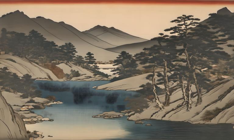 Ukiyo-E,Ukiyo-E, Nature, landscape, no humans, scenery, tree, mountain, outdoors, river, lake, water, nature