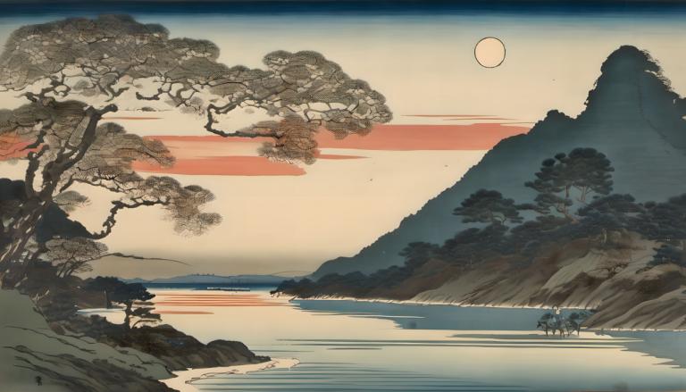 Ukiyo-E,Ukiyo-E, Nature, landscape, tree, scenery, outdoors, mountain, no humans, sky, moon, lake, landscape