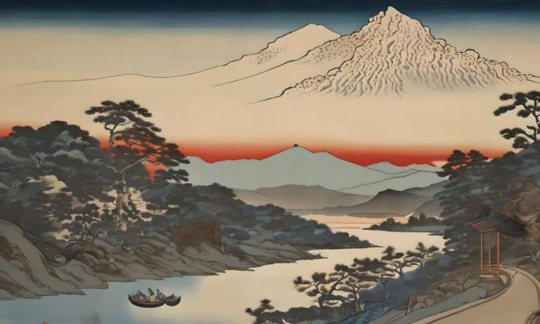 Ukiyo-E,Ukiyo-E, Narava, pokrajina, gora, kulisa, vodno plovilo, čoln, brez ljudi, drevo, na prostem, nebo