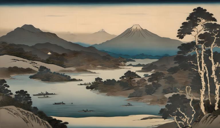 Ukiyo-E,Ukiyo-E, Natur, Landschaft, keine Menschen, Landschaft, Baum, Berg, draußen, See, Landschaft, Natur