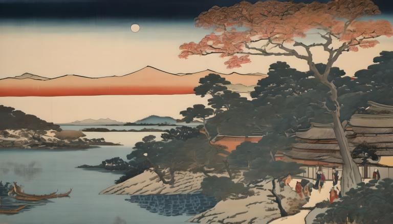 Ukiyo-E,Ukiyo-E, Natur, Landschaft, Baum, Landschaft, Boot, Berg, draußen, Mond, Wasserfahrzeug, Himmel