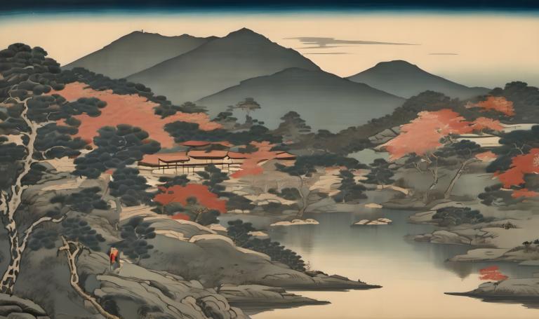 Ukiyo-E,Ukiyo-E, Natur, landskap, tre, natur, fjell, utendørs, solo, 1 jente, landskap, elv, himmel