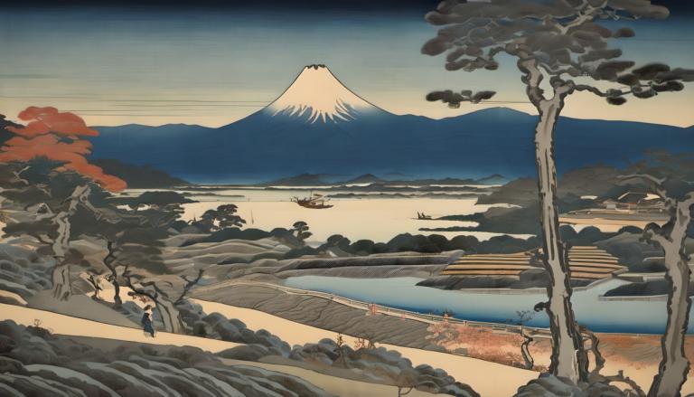 Ukiyo-E,Ukiyo-E, Nature, landscape, tree, scenery, outdoors, mountain, no humans, sky, landscape, nature