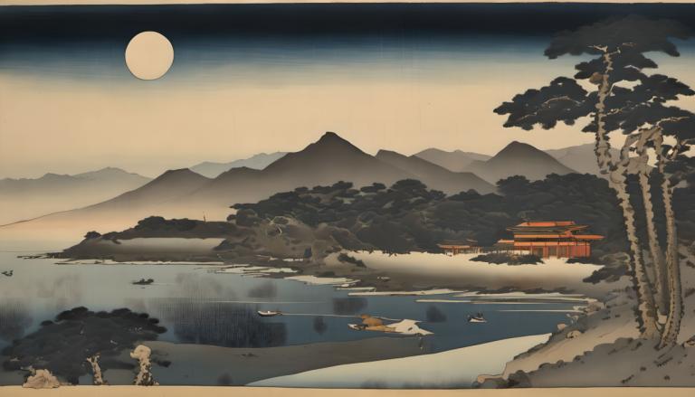 Ukiyo-E,Ukiyo-E, Nature, landscape, torii, scenery, tree, no humans, moon, mountain, outdoors, sky, water