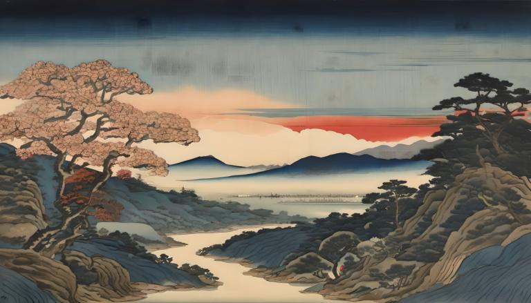 Ukiyo-E,Ukiyo-E, Nature, landscape, no humans, tree, scenery, outdoors, mountain, sky, landscape