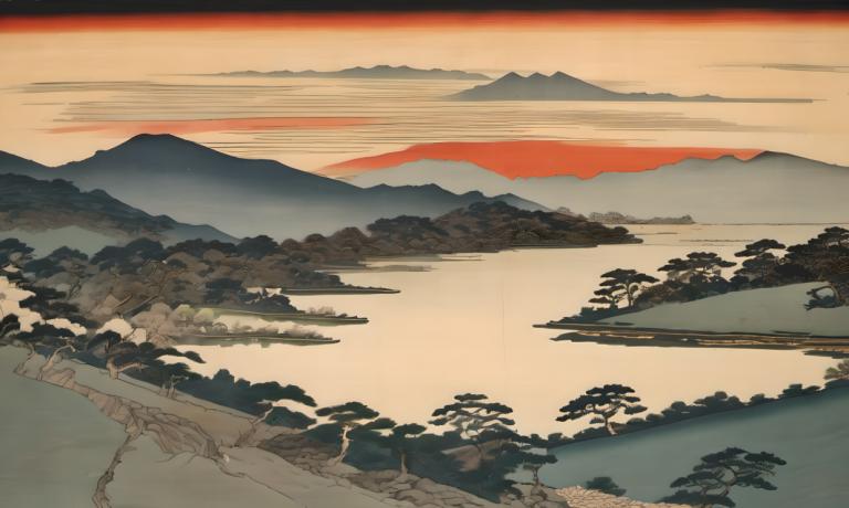 Ukiyo-E,Ukiyo-E, Natur, landskap, inga människor, landskap, fjäll, utomhus, himmel, träd, solnedgång