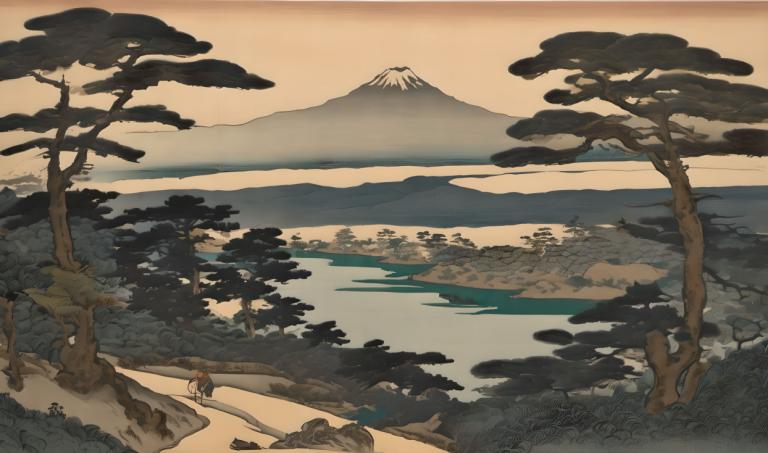 Ukiyo-E,Ukiyo-E, Natur, landskap, träd, landskap, utomhus, fjäll, landskap, sjö, vatten, solo, flod, natur