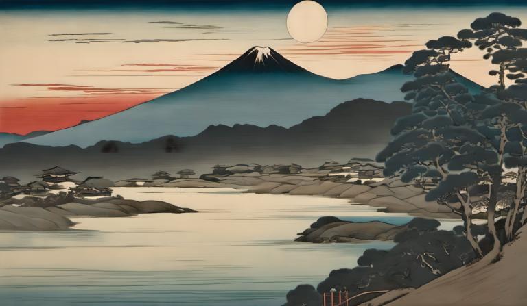 Ukiyo-E,Ukiyo-E, Nature, landscape, no humans, mountain, scenery, tree, outdoors, sky, nature, moon, lake