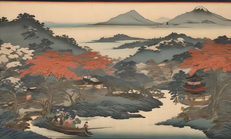 Ukiyo-E,Ukiyo-E, Natur, landskap, träd, landskap, båt, utomhus, vattenskotrar, fjäll, flod, vatten