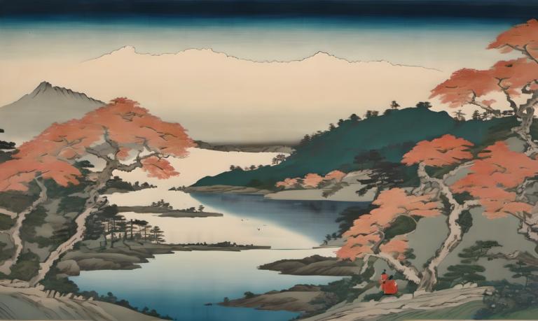 Ukiyo-E,Ukiyo-E, Doğal, manzara, manzara, ağaç, açık havada, torii, dağ, gökyüzü, manzara, insan yok, göl, su