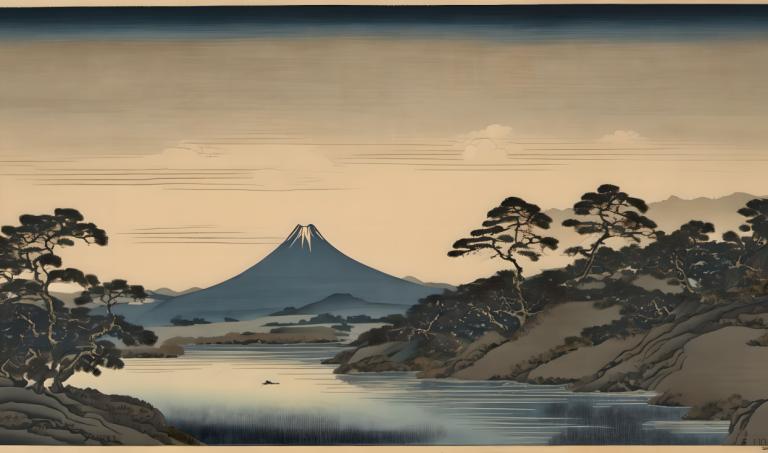 Ukiyo-E,Ukiyo-E, Natur, Landschaft, keine Menschen, Berg, draußen, Landschaft, Baum, Grenze, Himmel, See