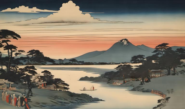 Ukiyo-E,Ukiyo-E, Natur, Landschaft, Landschaft, draußen, Baum, keine Menschen, Himmel, Berg, Wolke