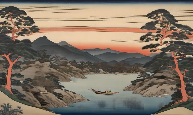 Ukiyo-E,Ukiyo-E, Nature, landscape, tree, watercraft, boat, scenery, outdoors, water, mountain, lake, river