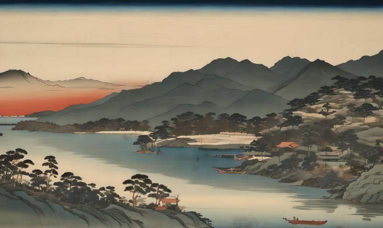 Ukiyo-E,Ukiyo-E, Nature, landscape, scenery, no humans, watercraft, outdoors, mountain, boat, sunset, tree