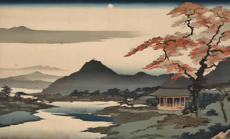 Ukiyo-E,Ukiyo-E, Natur, landskab, ingen mennesker, landskab, træ, udendørs, bjerg, himmel, vand, sø, Sky