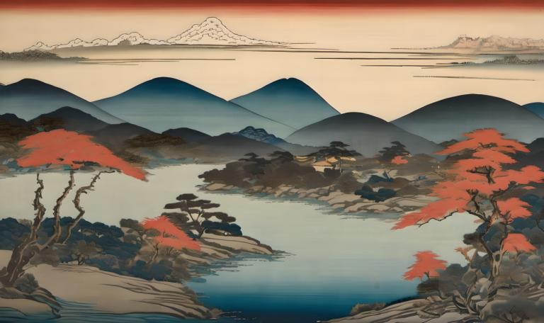 Ukiyo-E,Ukiyo-E, Nature, landscape, no humans, scenery, tree, mountain, outdoors, lake, landscape, sky, water