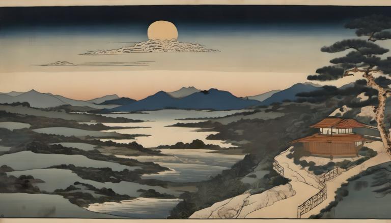 Ukiyo-E,Ukiyo-E, Nature, landscape, no humans, scenery, tree, mountain, sky, cloud, outdoors, moon, house