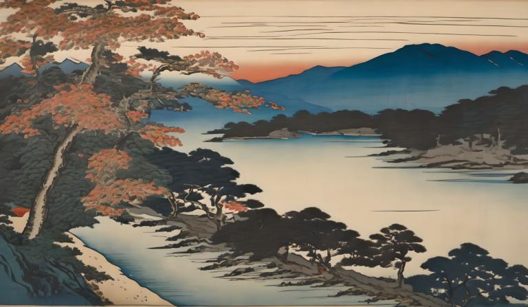 Ukiyo-E,Ukiyo-E, Naturaleza, paisaje, no humanos, escenario, árbol, al aire libre, montaña, cielo, atardecer