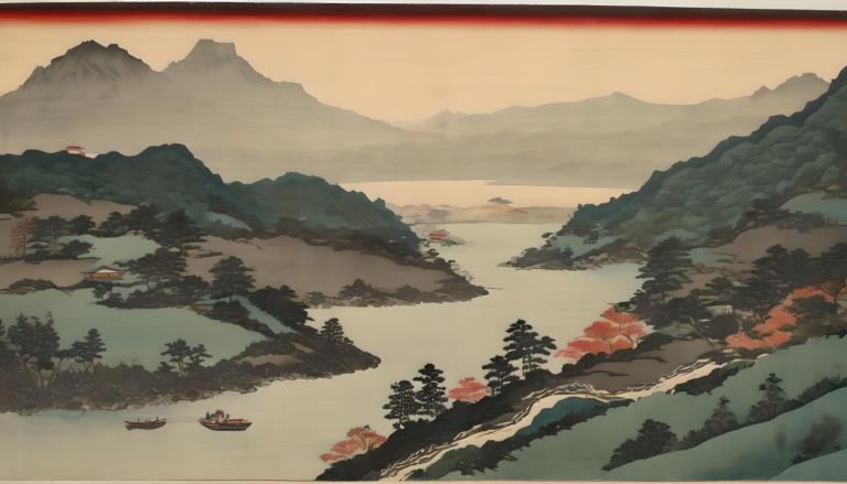 Ukiyo-E,Ukiyo-E, Nature, landscape, scenery, mountain, no humans, tree, outdoors, boat, lake, nature