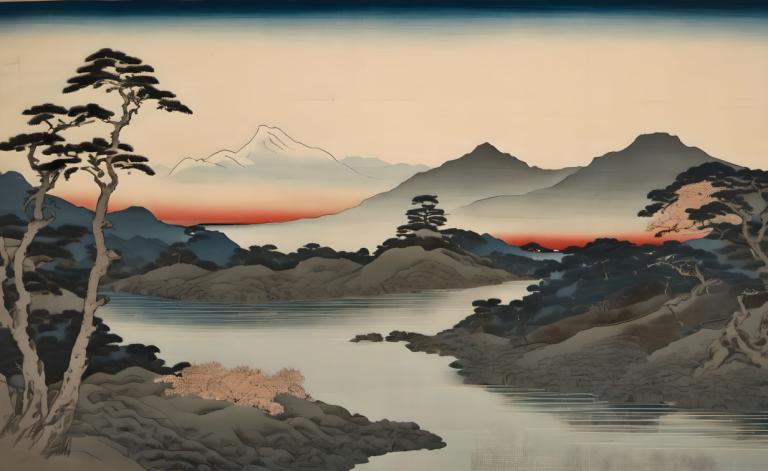 Ukiyo-E,Ukiyo-E, Nature, landscape, no humans, scenery, mountain, tree, outdoors, sky, sunset, lake