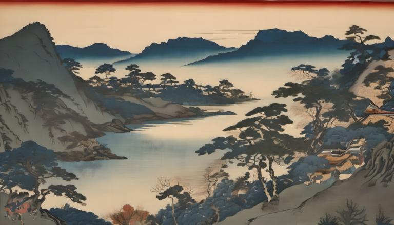 Ukiyo-E,Ukiyo-E, Nature, landscape, scenery, no humans, mountain, tree, outdoors, river, landscape, lake, sky