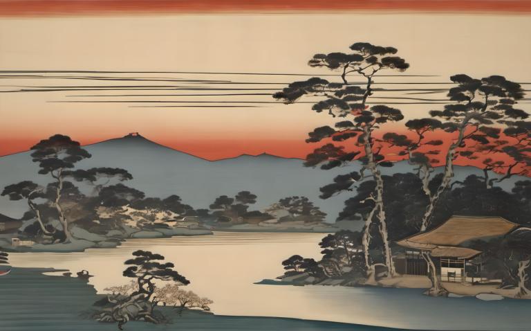 Ukiyo-E,Ukiyo-E, Nature, landscape, no humans, tree, outdoors, scenery, mountain, sunset, sky, border, house