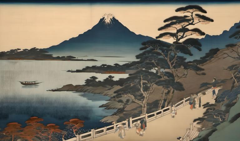 Ukiyo-E,Ukiyo-E, Nature, landscape, tree, watercraft, boat, scenery, outdoors, mountain, water, bare tree